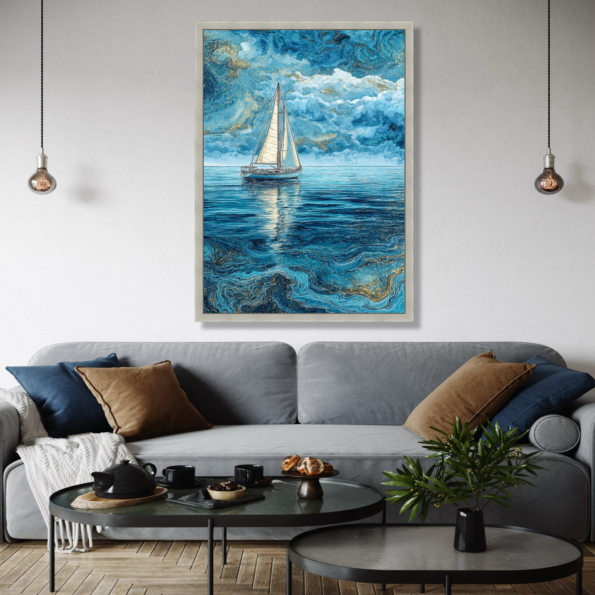 Tranquil Sailboat on Blue Ocean, Abstract Nautical Canvas, Sea Reflection Wall Art, Marine Landscape Painting, Gift Art, Home Decor, Print