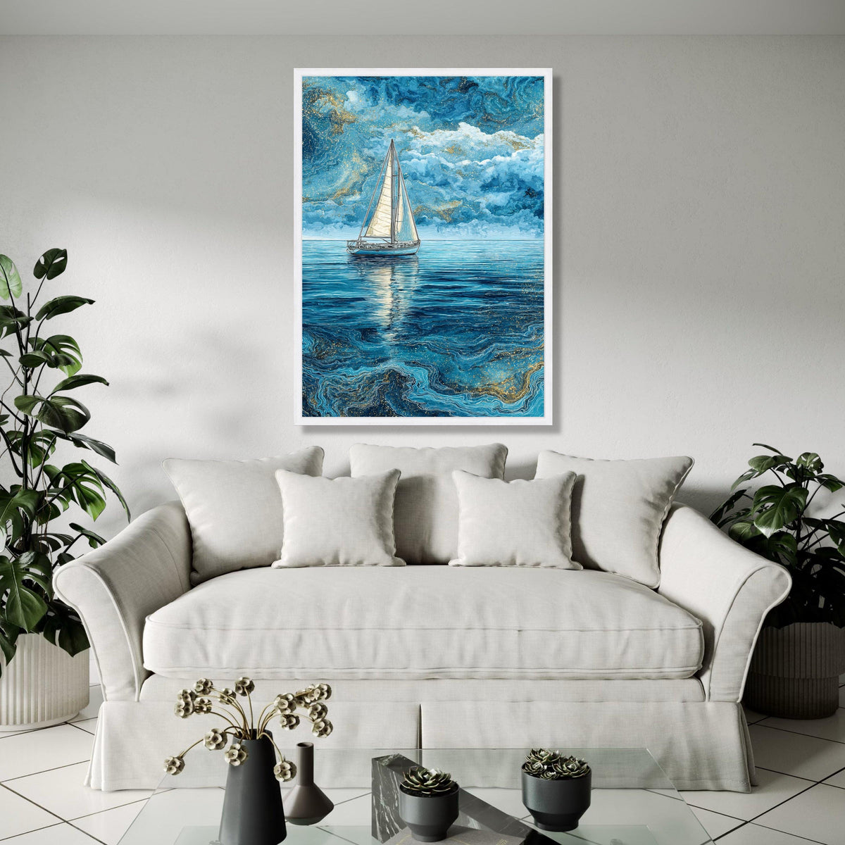 Tranquil Sailboat on Blue Ocean, Abstract Nautical Canvas, Sea Reflection Wall Art, Marine Landscape Painting, Gift Art, Home Decor, Print