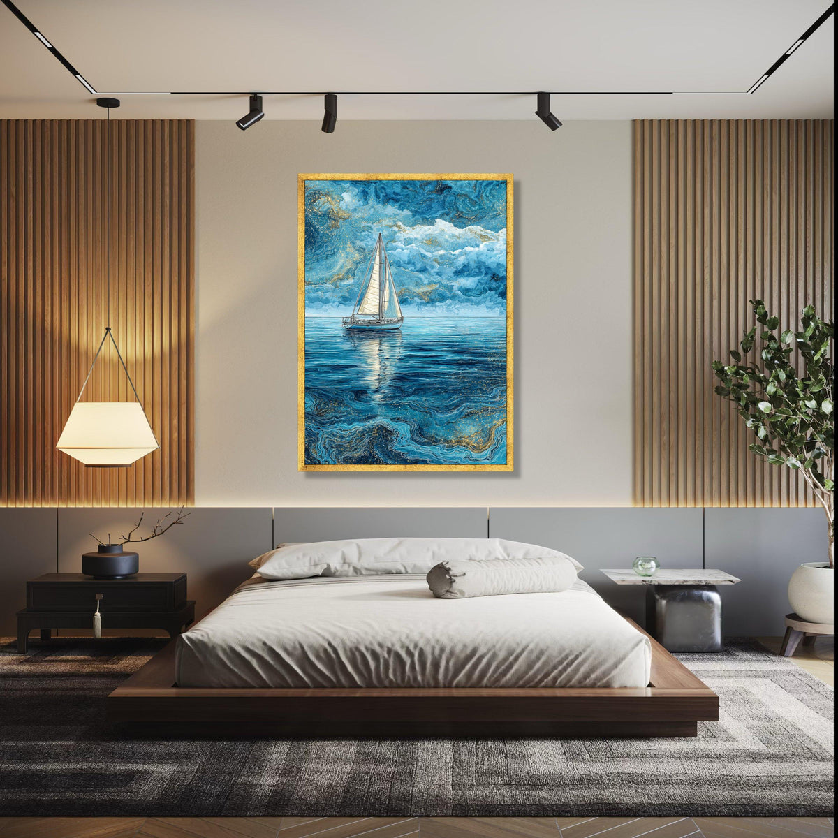 Tranquil Sailboat on Blue Ocean, Abstract Nautical Canvas, Sea Reflection Wall Art, Marine Landscape Painting, Gift Art, Home Decor, Print