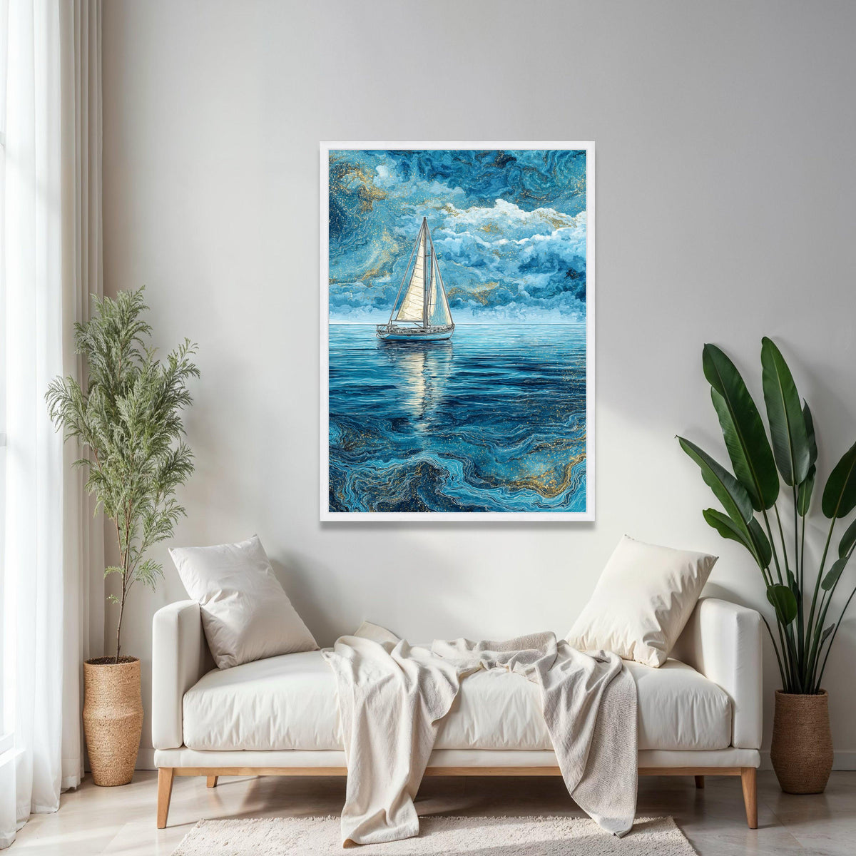 Tranquil Sailboat on Blue Ocean, Abstract Nautical Canvas, Sea Reflection Wall Art, Marine Landscape Painting, Gift Art, Home Decor, Print