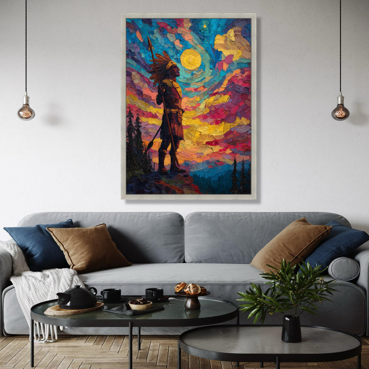 Native American Warrior Canvas Wall Art, Colorful Sunset Sky, Tribal Figure Painting, Impasto Style, Bold Home Gift Art, Home Decor, Print