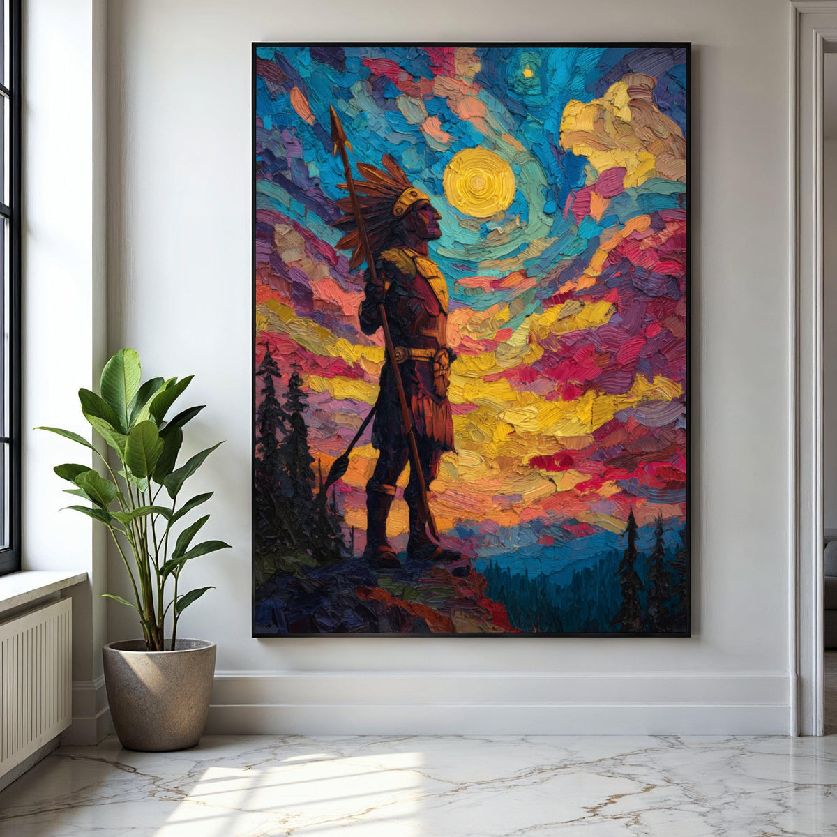 Native American Warrior Canvas Wall Art, Colorful Sunset Sky, Tribal Figure Painting, Impasto Style, Bold Home Gift Art, Home Decor, Print