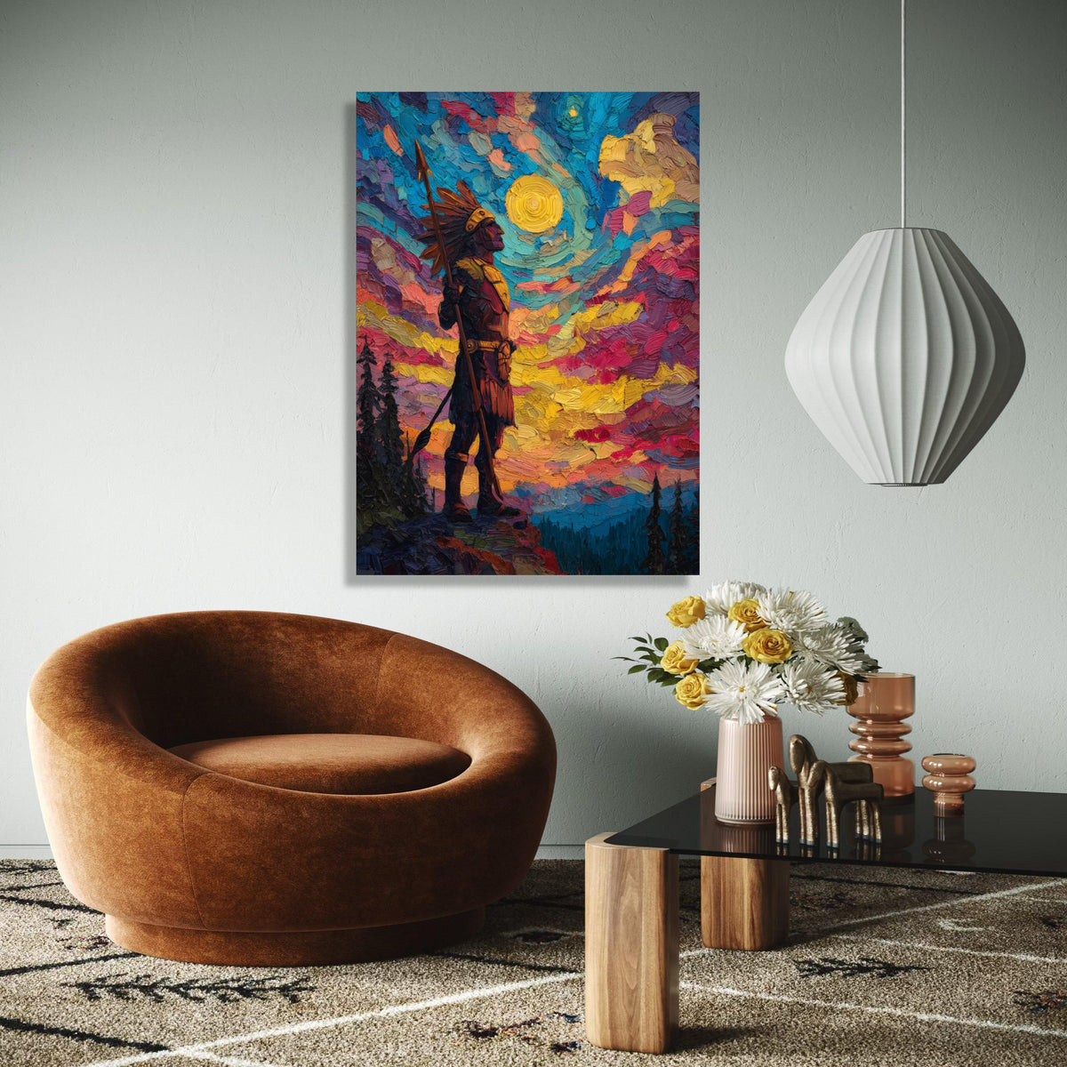 Native American Warrior Canvas Wall Art, Colorful Sunset Sky, Tribal Figure Painting, Impasto Style, Bold Home Gift Art, Home Decor, Print