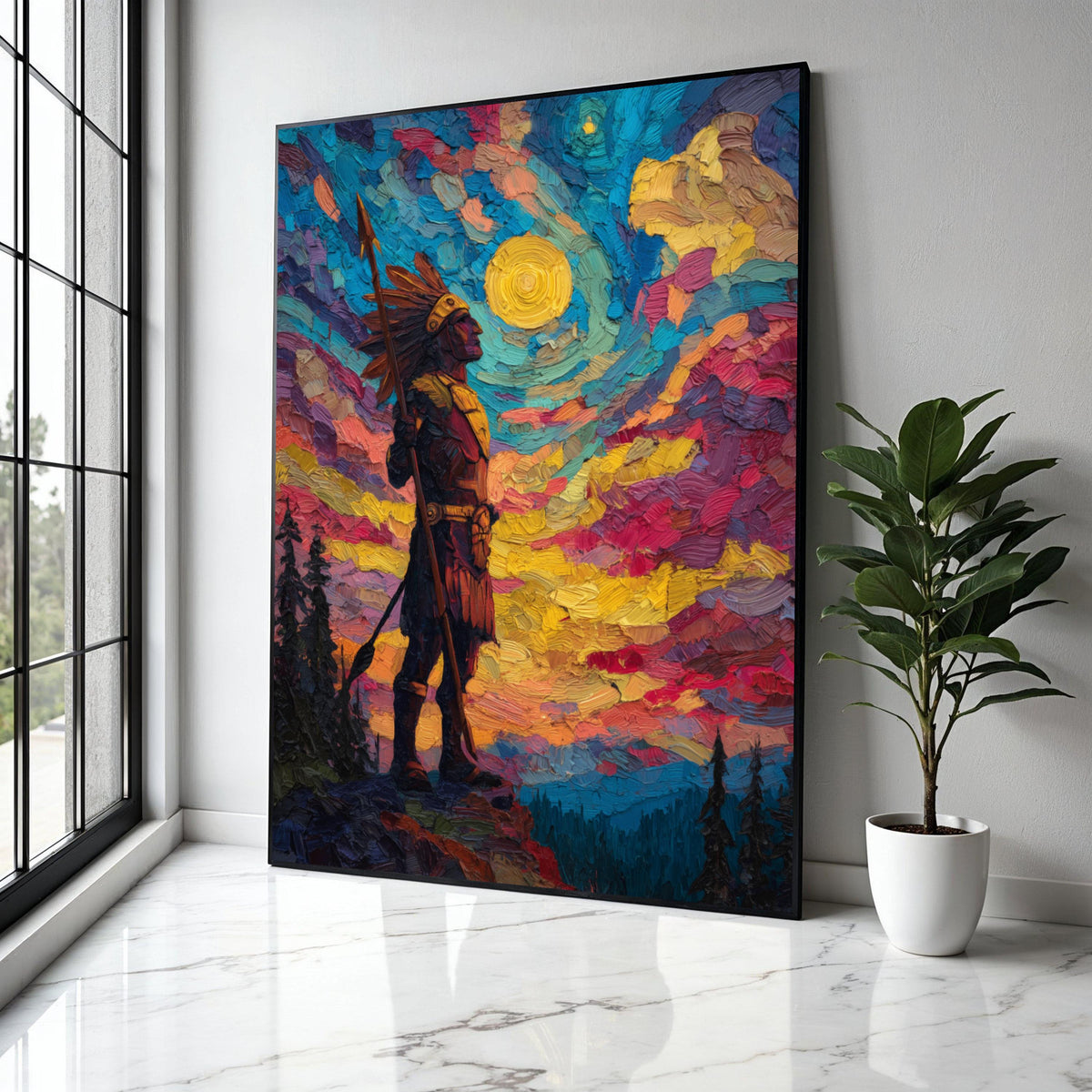 Native American Warrior Canvas Wall Art, Colorful Sunset Sky, Tribal Figure Painting, Impasto Style, Bold Home Gift Art, Home Decor, Print