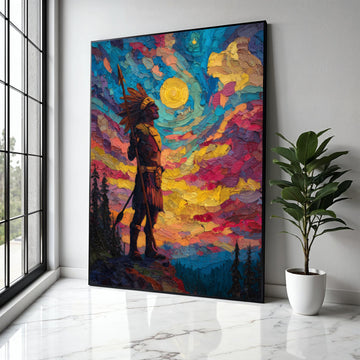 Native American Warrior Canvas Wall Art, Colorful Sunset Sky, Tribal Figure Painting, Impasto Style, Bold Home Gift Art, Home Decor, Print