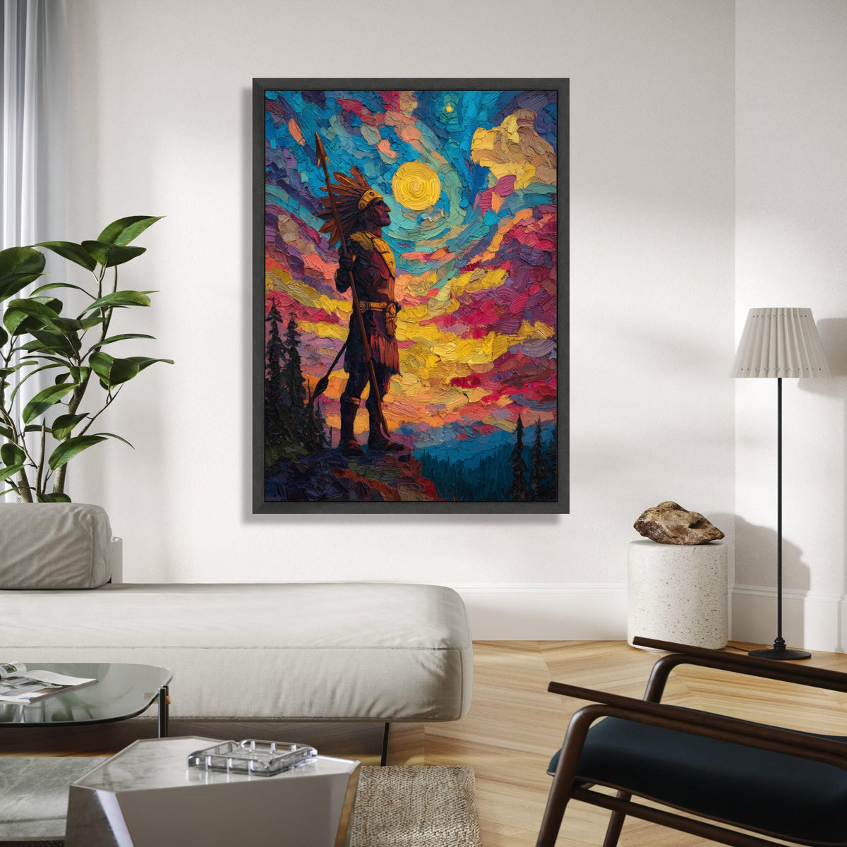 Native American Warrior Canvas Wall Art, Colorful Sunset Sky, Tribal Figure Painting, Impasto Style, Bold Home Gift Art, Home Decor, Print
