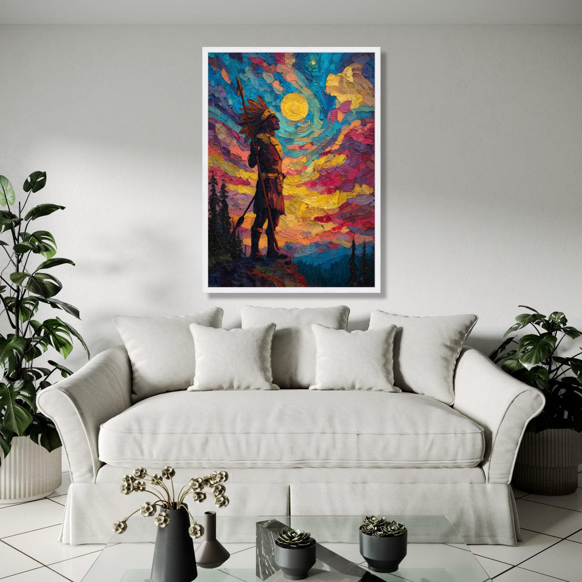 Native American Warrior Canvas Wall Art, Colorful Sunset Sky, Tribal Figure Painting, Impasto Style, Bold Home Gift Art, Home Decor, Print