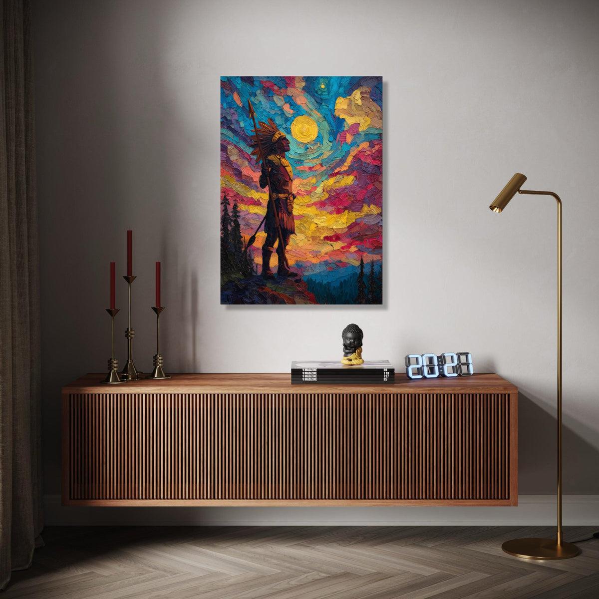 Native American Warrior Canvas Wall Art, Colorful Sunset Sky, Tribal Figure Painting, Impasto Style, Bold Home Gift Art, Home Decor, Print