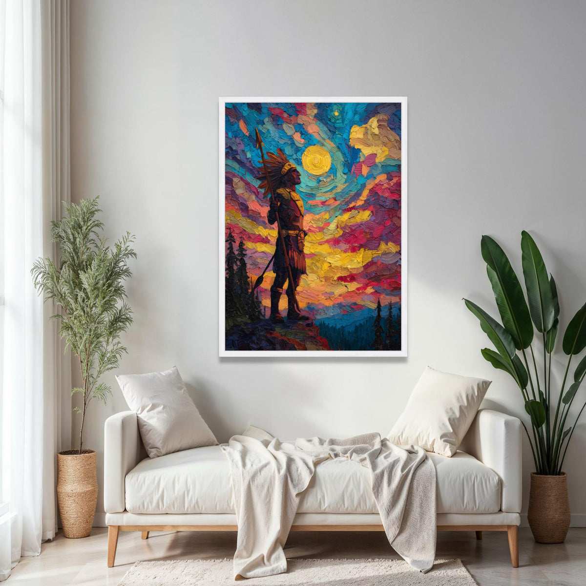 Native American Warrior Canvas Wall Art, Colorful Sunset Sky, Tribal Figure Painting, Impasto Style, Bold Home Gift Art, Home Decor, Print
