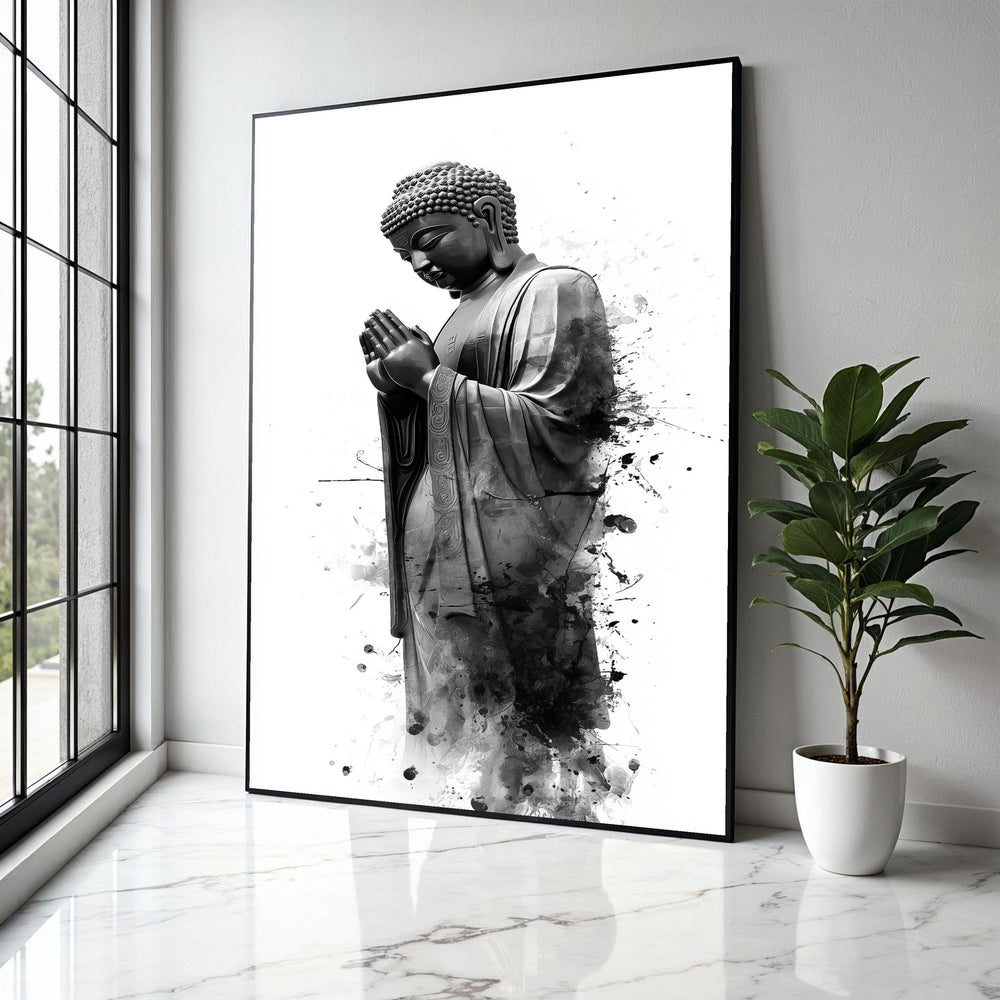Serene Buddha Statue Canvas Wall Art, Black and White Spiritual Decor, Praying Buddha Illustration, Meditation Gift Art, Home Decor, Print