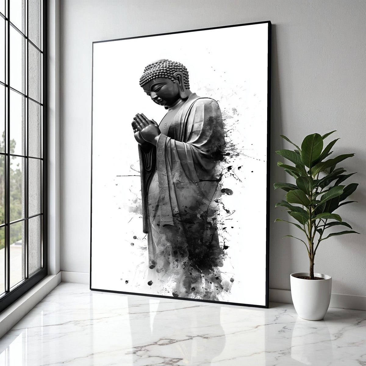 Serene Buddha Statue Canvas Wall Art, Black and White Spiritual Decor, Praying Buddha Illustration, Meditation Gift Art, Home Decor, Print