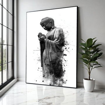 Serene Buddha Statue Canvas Wall Art, Black and White Spiritual Decor, Praying Buddha Illustration, Meditation Gift Art, Home Decor, Print