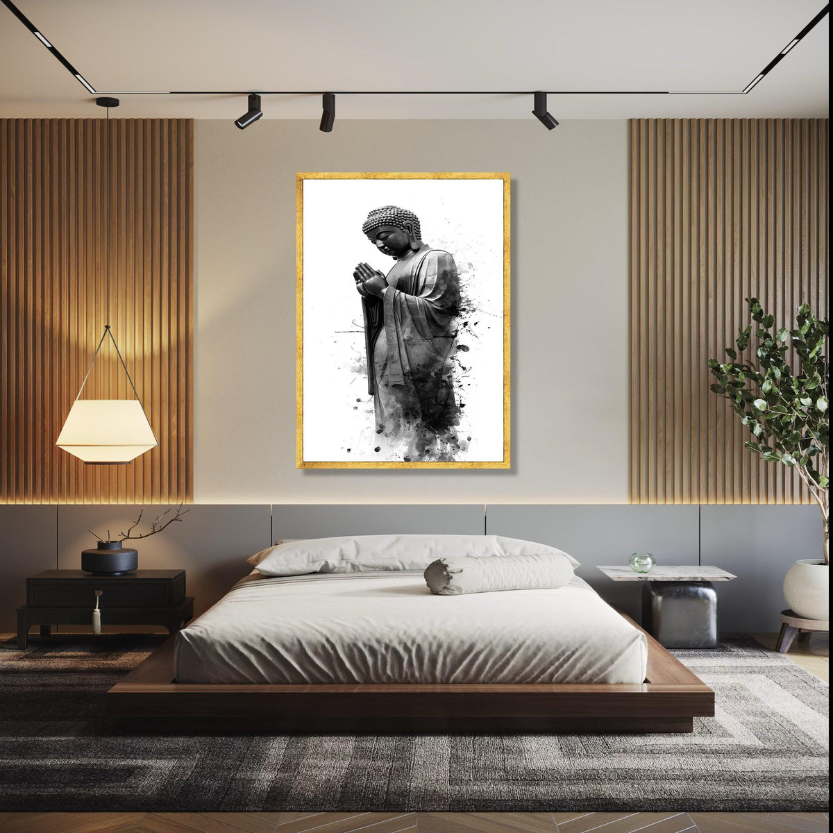 Serene Buddha Statue Canvas Wall Art, Black and White Spiritual Decor, Praying Buddha Illustration, Meditation Gift Art, Home Decor, Print