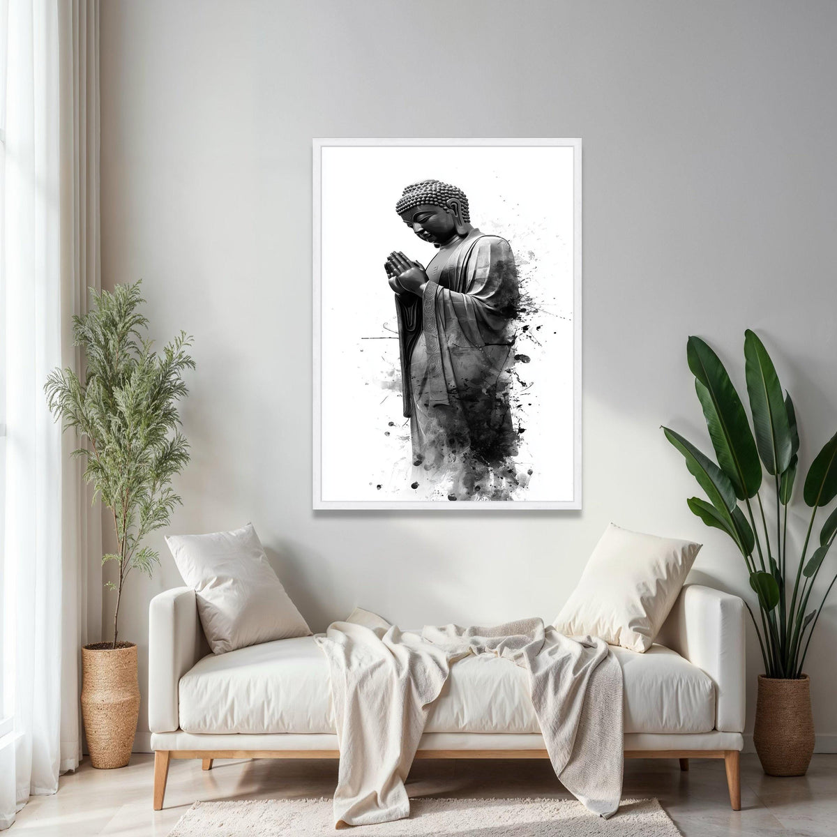 Serene Buddha Statue Canvas Wall Art, Black and White Spiritual Decor, Praying Buddha Illustration, Meditation Gift Art, Home Decor, Print