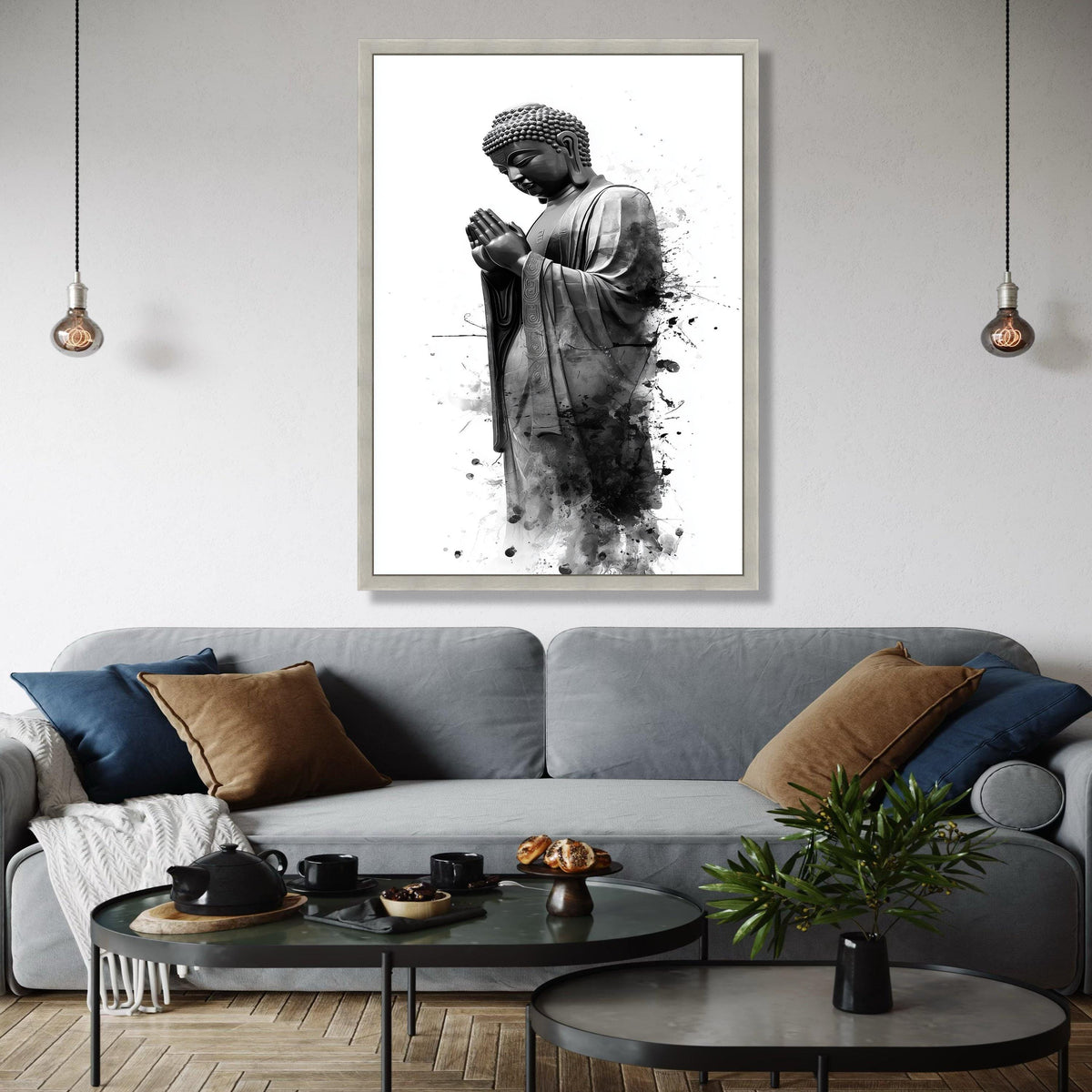 Serene Buddha Statue Canvas Wall Art, Black and White Spiritual Decor, Praying Buddha Illustration, Meditation Gift Art, Home Decor, Print