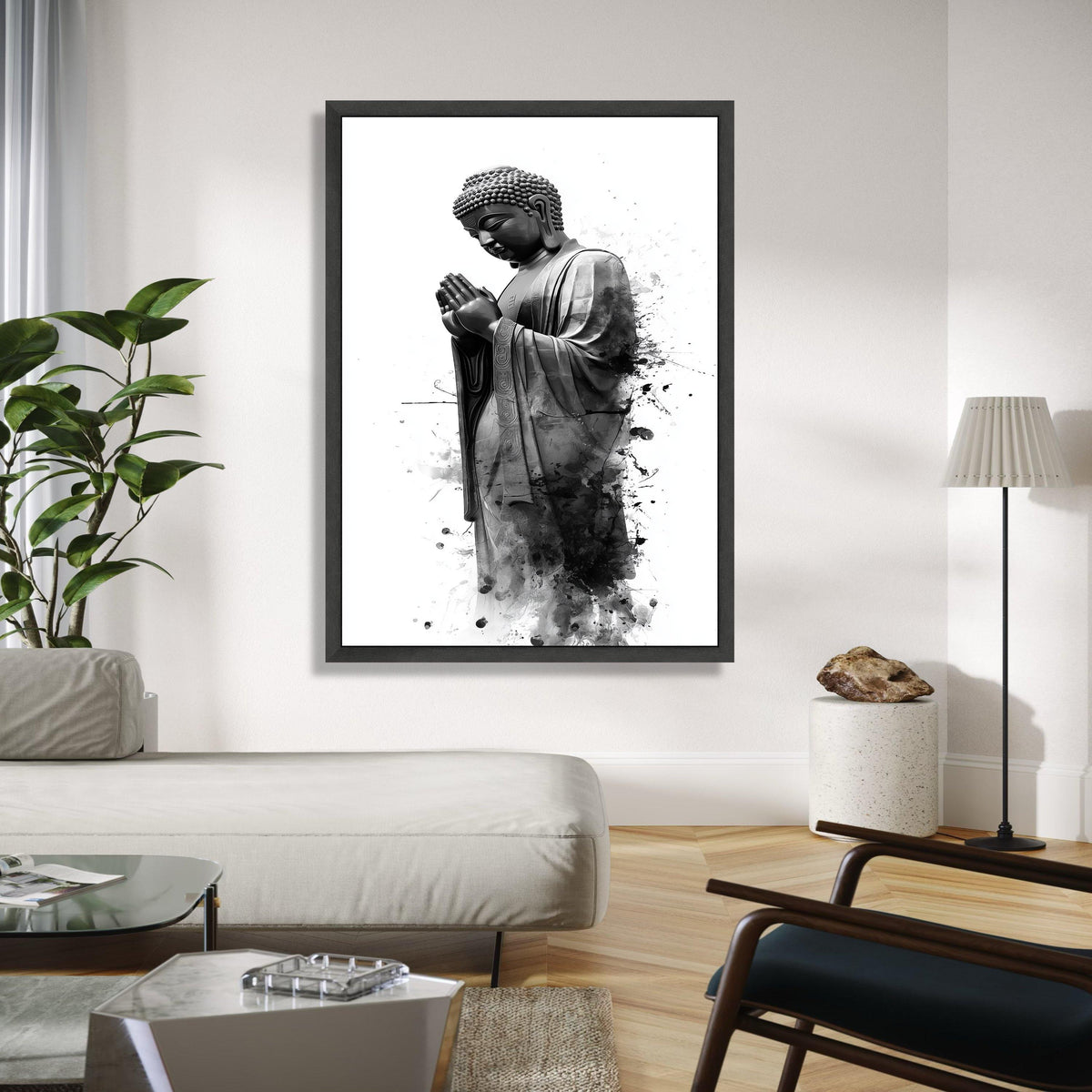 Serene Buddha Statue Canvas Wall Art, Black and White Spiritual Decor, Praying Buddha Illustration, Meditation Gift Art, Home Decor, Print