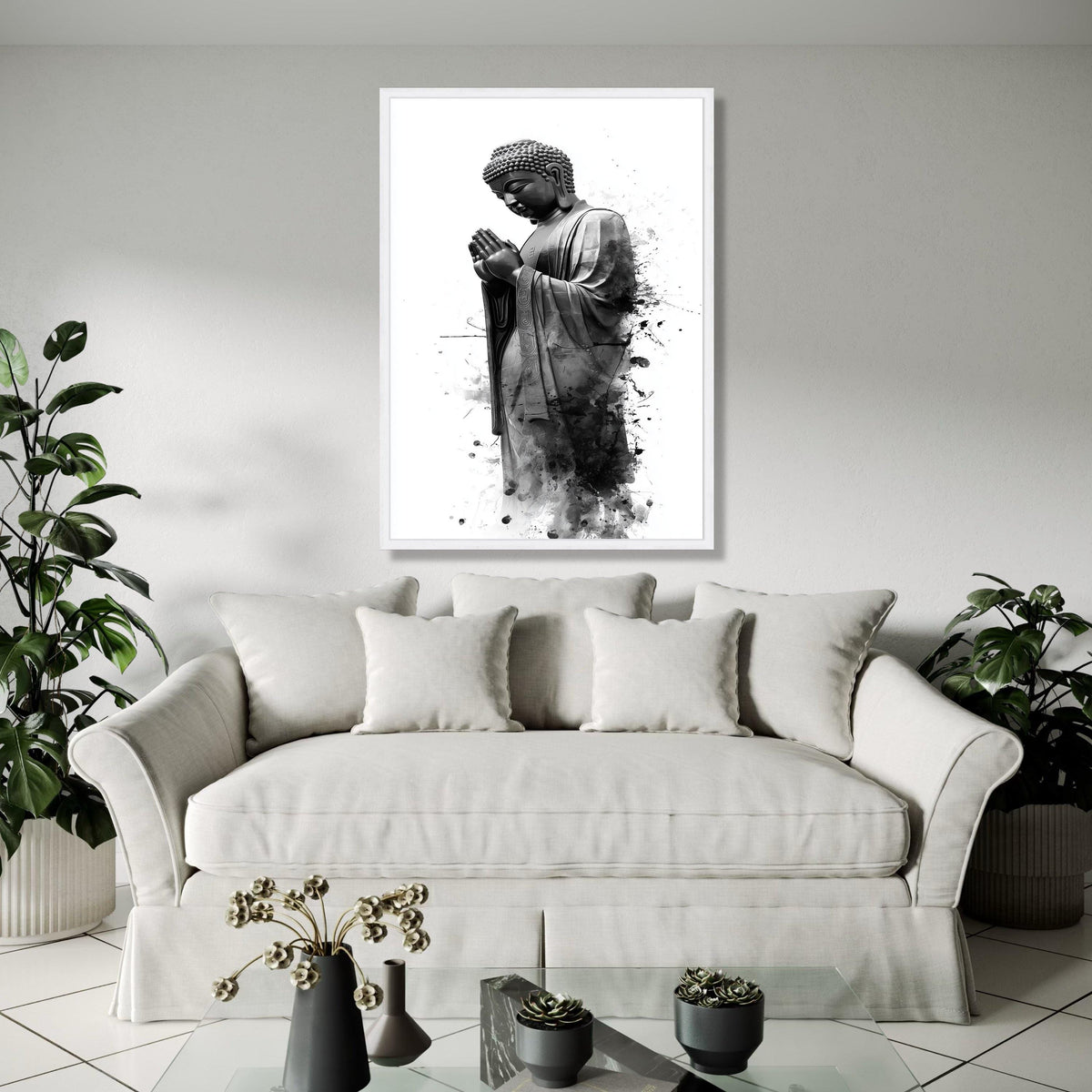 Serene Buddha Statue Canvas Wall Art, Black and White Spiritual Decor, Praying Buddha Illustration, Meditation Gift Art, Home Decor, Print