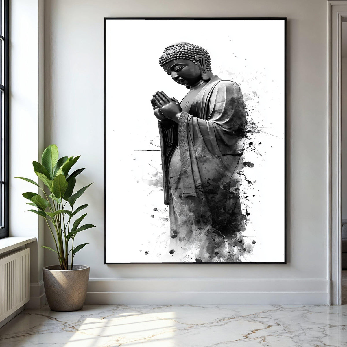 Serene Buddha Statue Canvas Wall Art, Black and White Spiritual Decor, Praying Buddha Illustration, Meditation Gift Art, Home Decor, Print