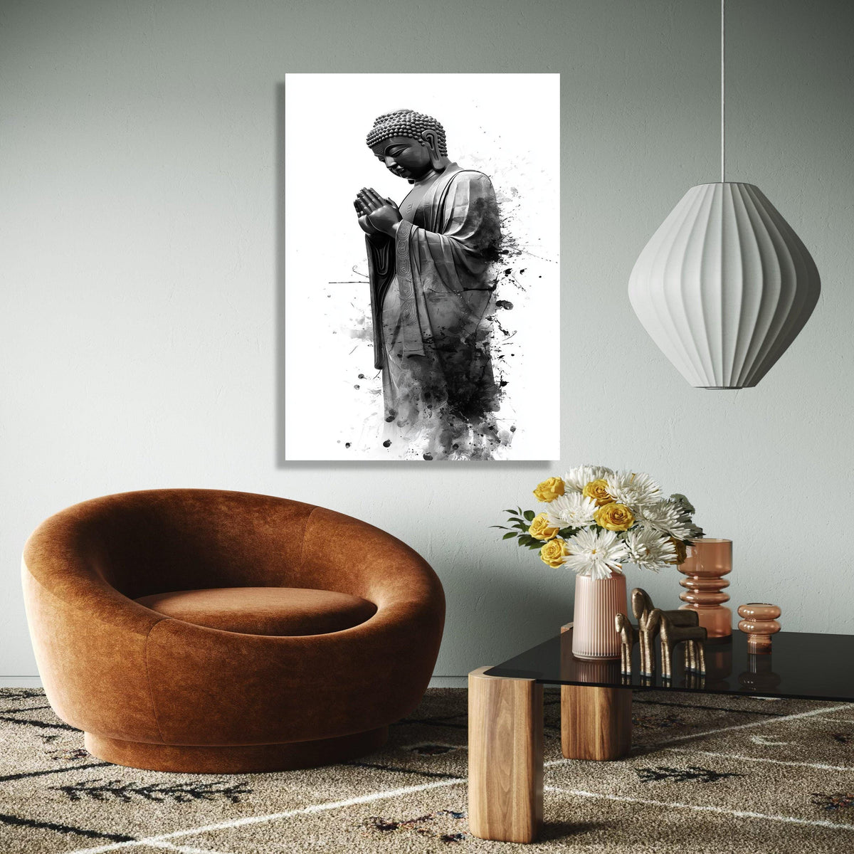 Serene Buddha Statue Canvas Wall Art, Black and White Spiritual Decor, Praying Buddha Illustration, Meditation Gift Art, Home Decor, Print