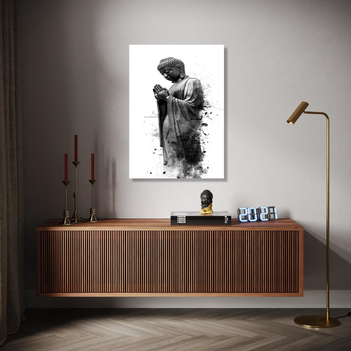 Serene Buddha Statue Canvas Wall Art, Black and White Spiritual Decor, Praying Buddha Illustration, Meditation Gift Art, Home Decor, Print