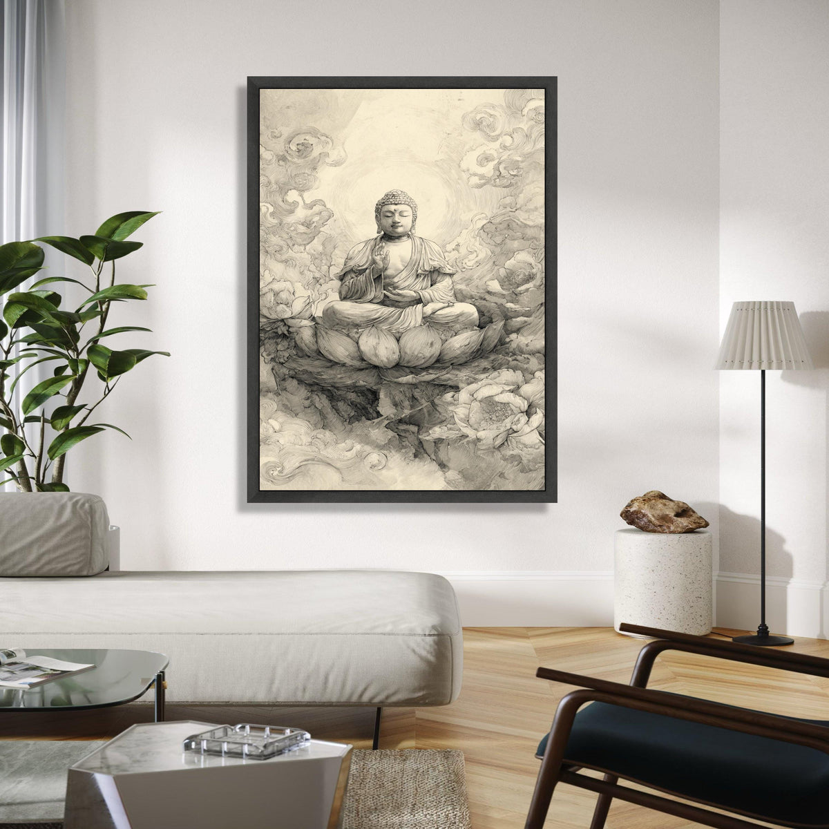 Serene Buddha Meditation Canvas, Zen Lotus Flower Wall Art, Spiritual Home Decor, Buddha Sketch Illustration, Gift Art, Home Decor, Print
