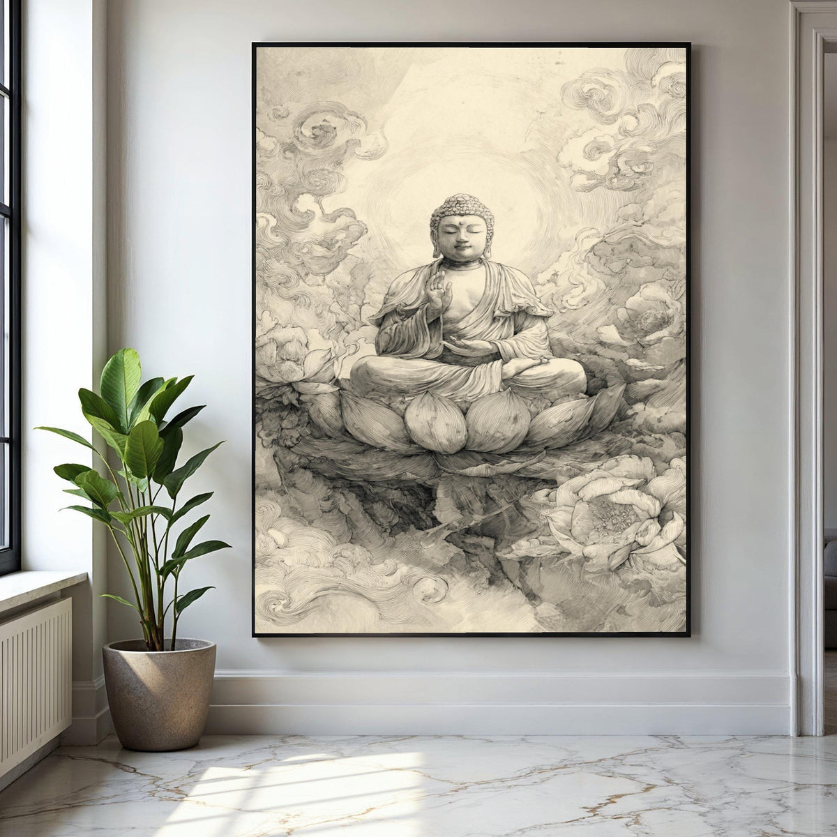 Serene Buddha Meditation Canvas, Zen Lotus Flower Wall Art, Spiritual Home Decor, Buddha Sketch Illustration, Gift Art, Home Decor, Print