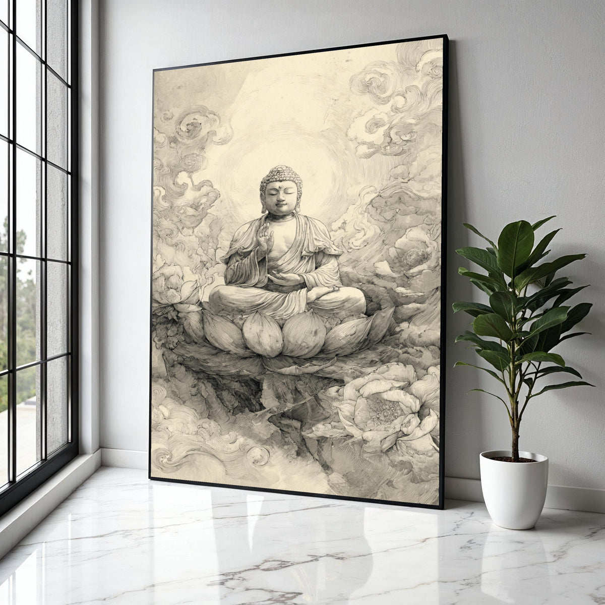 Serene Buddha Meditation Canvas, Zen Lotus Flower Wall Art, Spiritual Home Decor, Buddha Sketch Illustration, Gift Art, Home Decor, Print