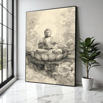Serene Buddha Meditation Canvas, Zen Lotus Flower Wall Art, Spiritual Home Decor, Buddha Sketch Illustration, Gift Art, Home Decor, Print