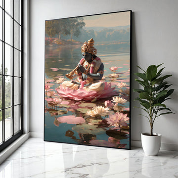 Meditation on Lotus, Krishna Playing Flute Canvas, Spiritual Wall Art, Indian Mythology Decor, Serene Water Lily Gift Art, Home Decor, Print