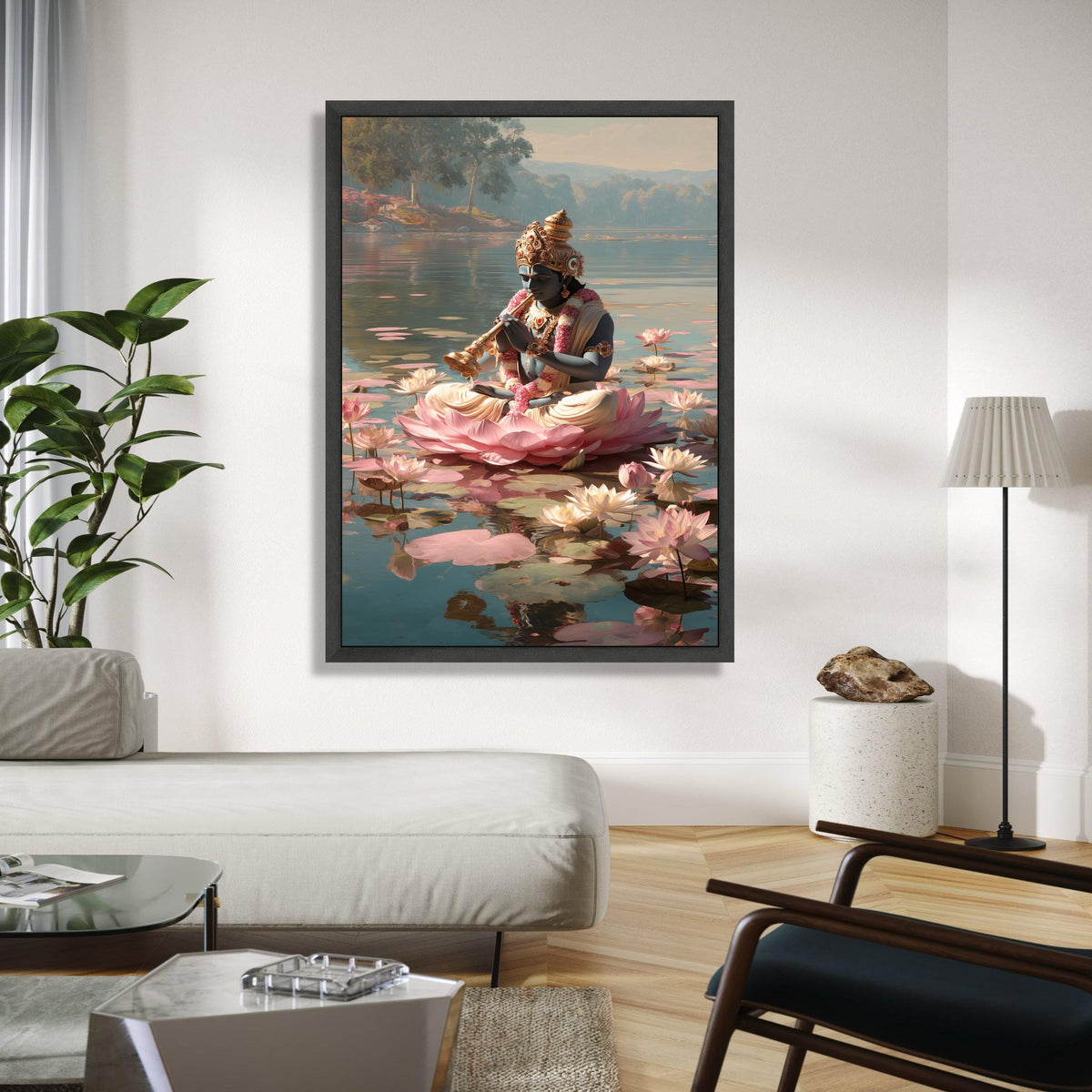 Meditation on Lotus, Krishna Playing Flute Canvas, Spiritual Wall Art, Indian Mythology Decor, Serene Water Lily Gift Art, Home Decor, Print