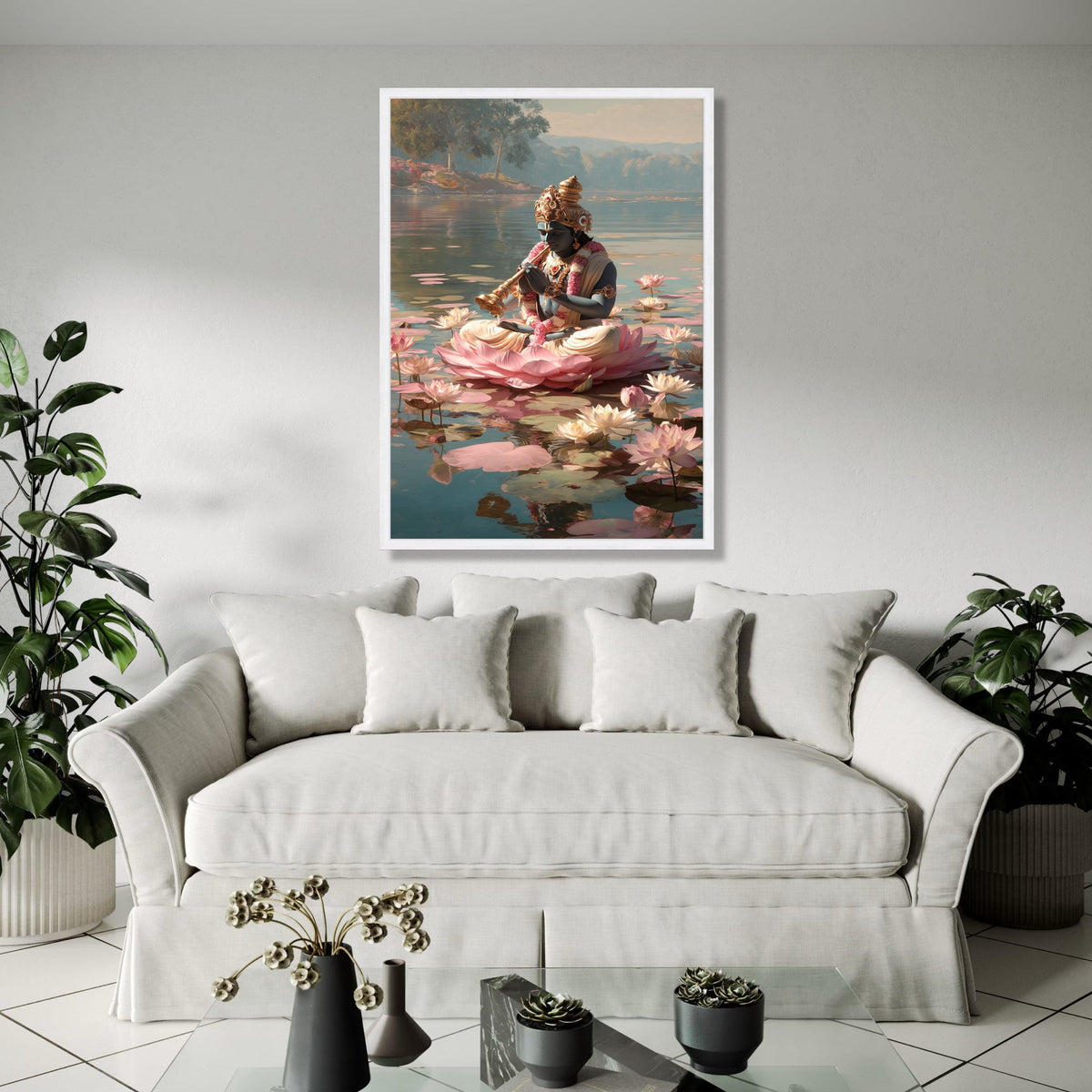 Meditation on Lotus, Krishna Playing Flute Canvas, Spiritual Wall Art, Indian Mythology Decor, Serene Water Lily Gift Art, Home Decor, Print