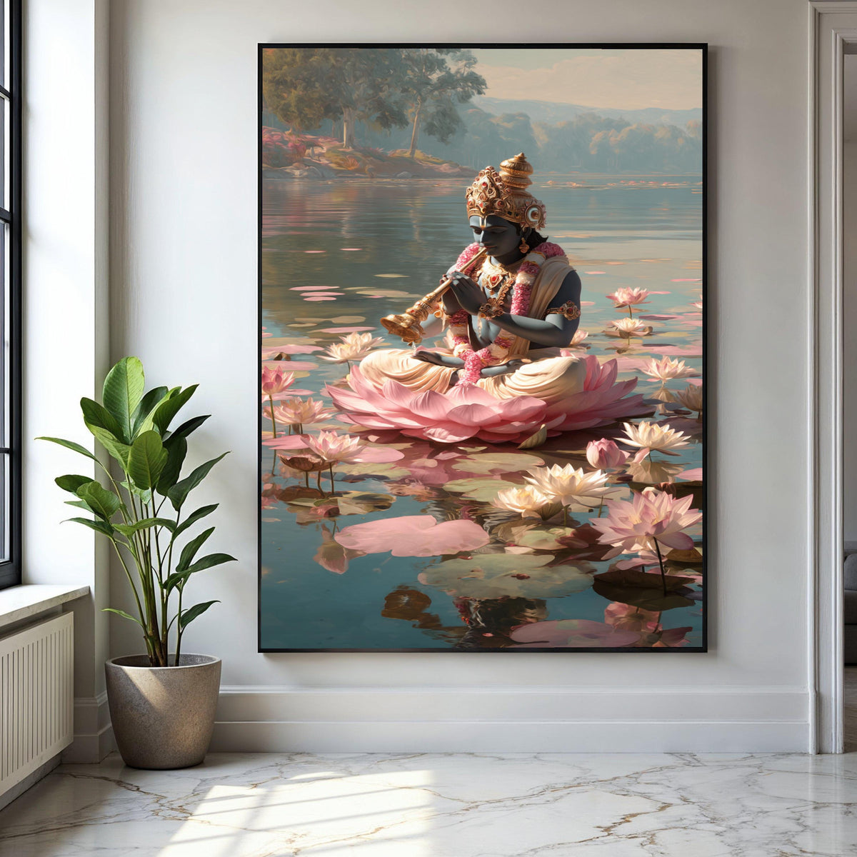 Meditation on Lotus, Krishna Playing Flute Canvas, Spiritual Wall Art, Indian Mythology Decor, Serene Water Lily Gift Art, Home Decor, Print