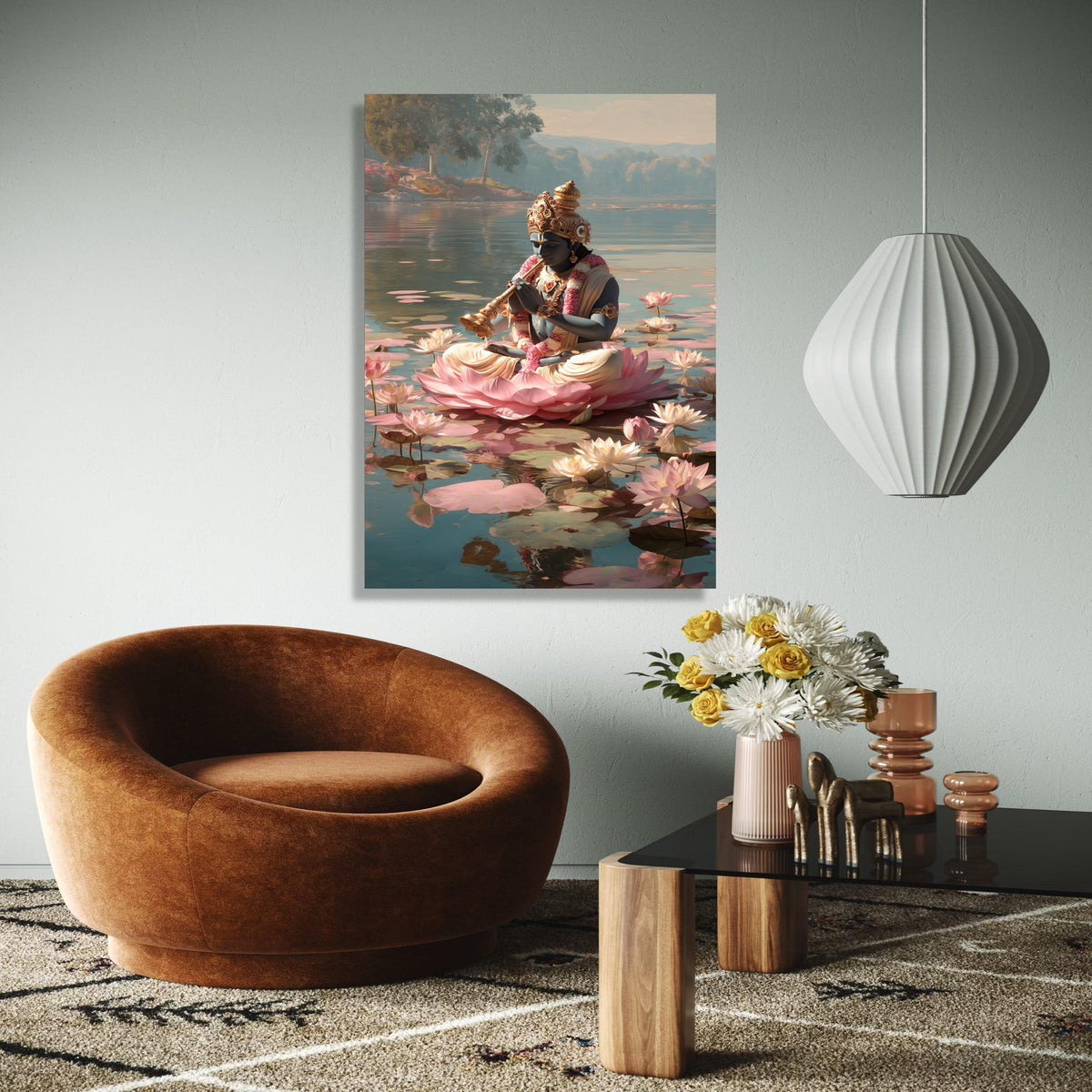 Meditation on Lotus, Krishna Playing Flute Canvas, Spiritual Wall Art, Indian Mythology Decor, Serene Water Lily Gift Art, Home Decor, Print
