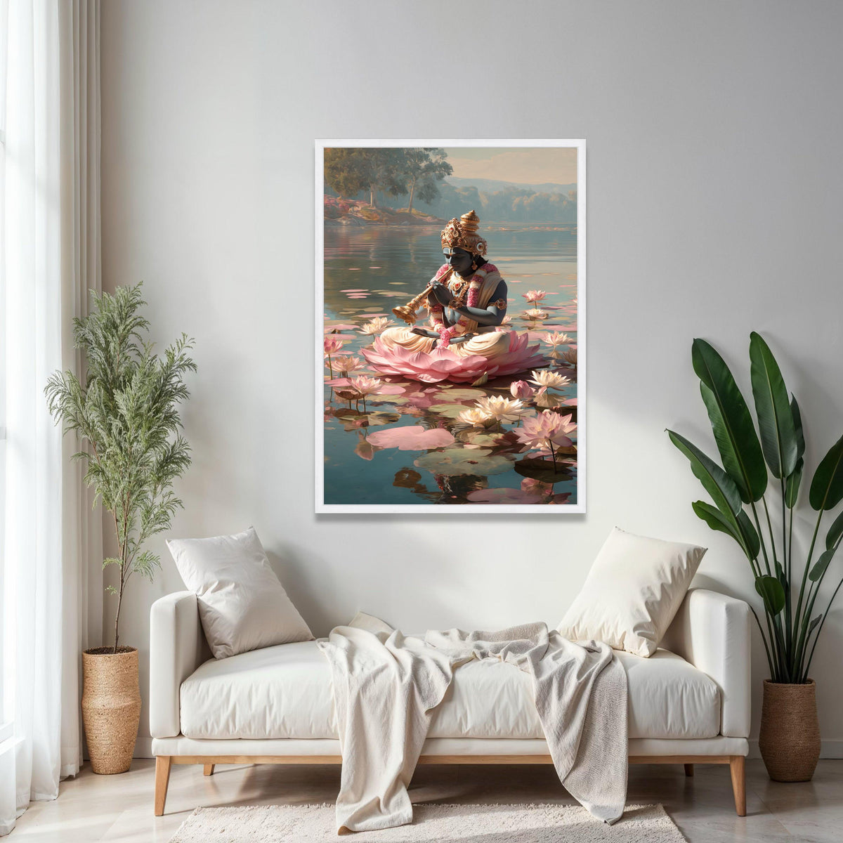 Meditation on Lotus, Krishna Playing Flute Canvas, Spiritual Wall Art, Indian Mythology Decor, Serene Water Lily Gift Art, Home Decor, Print
