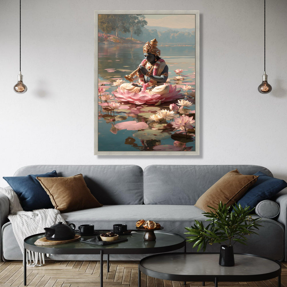Meditation on Lotus, Krishna Playing Flute Canvas, Spiritual Wall Art, Indian Mythology Decor, Serene Water Lily Gift Art, Home Decor, Print