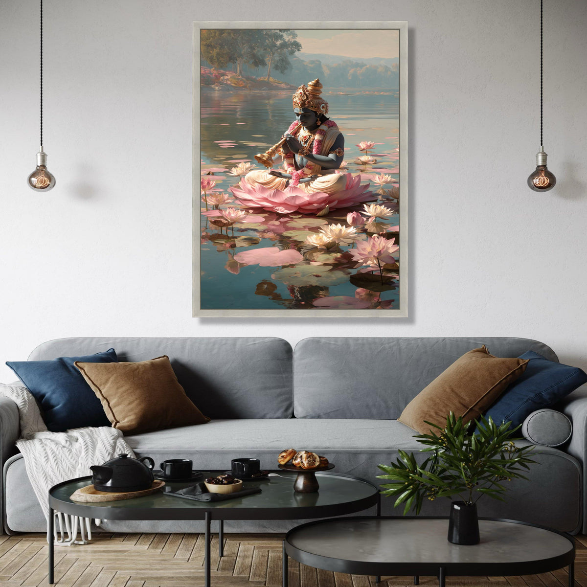Meditation on Lotus, Krishna Playing Flute Canvas, Spiritual Wall Art, Indian Mythology Decor, Serene Water Lily Gift Art, Home Decor, Print