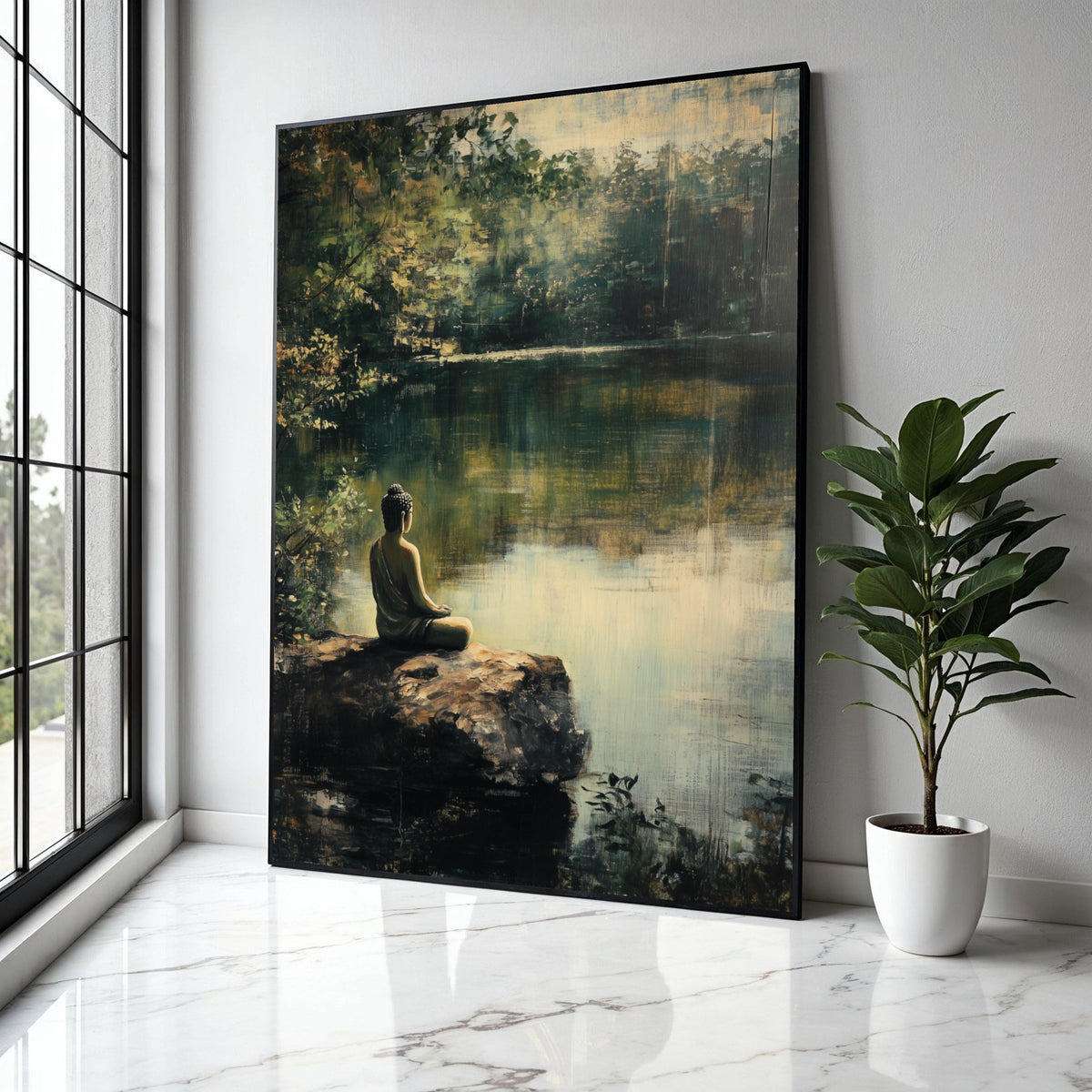 Tranquil Buddha Meditation Canvas, Serene Lake Scene Wall Art, Nature Calm Landscape Canvas, Mindfulness Home Gift Art, Home Decor, Print