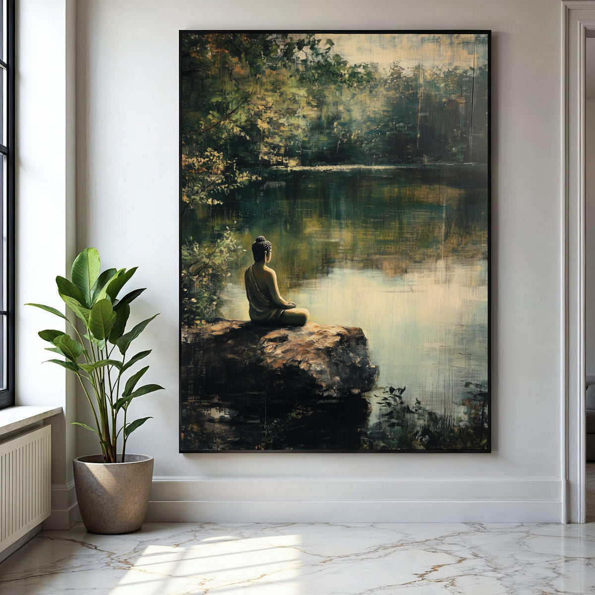 Tranquil Buddha Meditation Canvas, Serene Lake Scene Wall Art, Nature Calm Landscape Canvas, Mindfulness Home Gift Art, Home Decor, Print