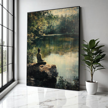 Tranquil Buddha Meditation Canvas, Serene Nature Pond Wall Art, Spiritual Zen Decor, Calm Landscape Painting, Gift Art, Home Decor, Print
