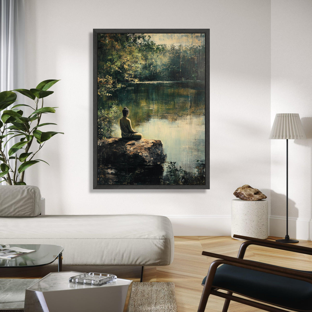 Tranquil Buddha Meditation Canvas, Serene Nature Pond Wall Art, Spiritual Zen Decor, Calm Landscape Painting, Gift Art, Home Decor, Print