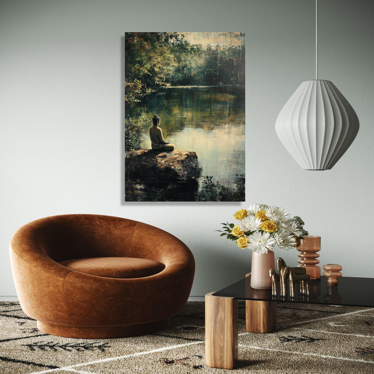 Tranquil Buddha Meditation Canvas, Serene Nature Pond Wall Art, Spiritual Zen Decor, Calm Landscape Painting, Gift Art, Home Decor, Print
