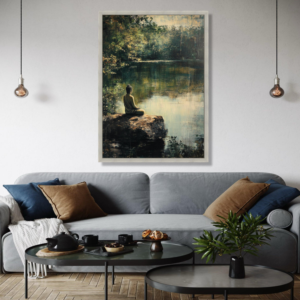 Tranquil Buddha Meditation Canvas, Serene Nature Pond Wall Art, Spiritual Zen Decor, Calm Landscape Painting, Gift Art, Home Decor, Print