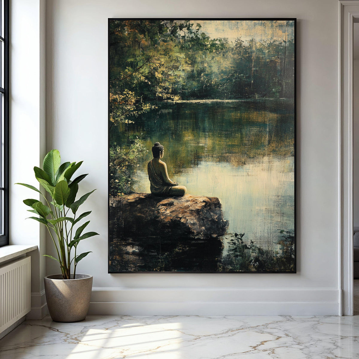 Tranquil Buddha Meditation Canvas, Serene Nature Pond Wall Art, Spiritual Zen Decor, Calm Landscape Painting, Gift Art, Home Decor, Print