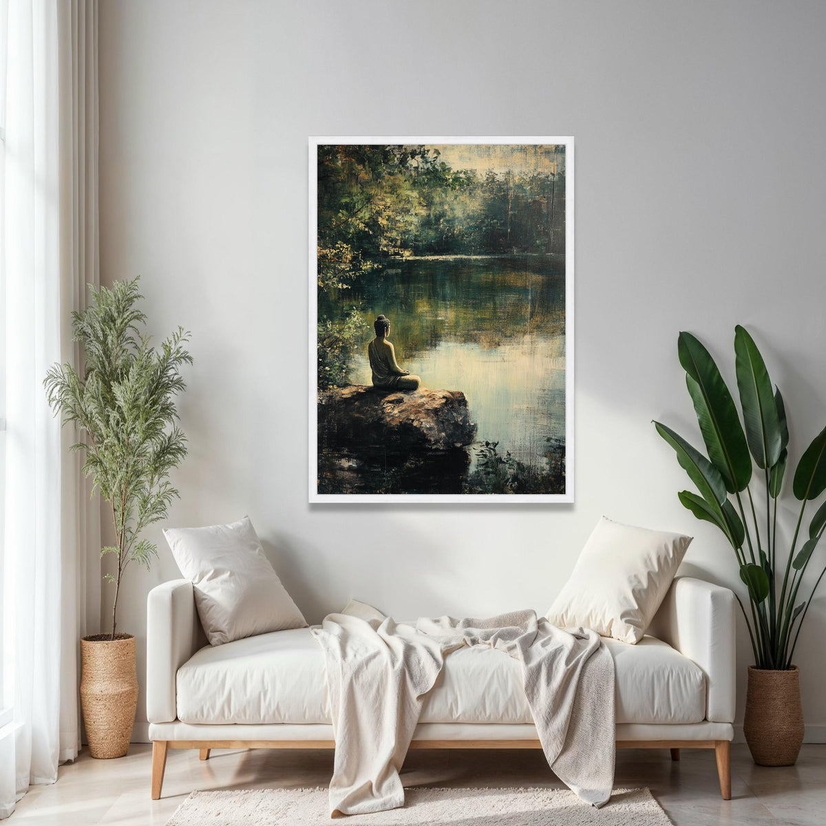 Tranquil Buddha Meditation Canvas, Serene Nature Pond Wall Art, Spiritual Zen Decor, Calm Landscape Painting, Gift Art, Home Decor, Print