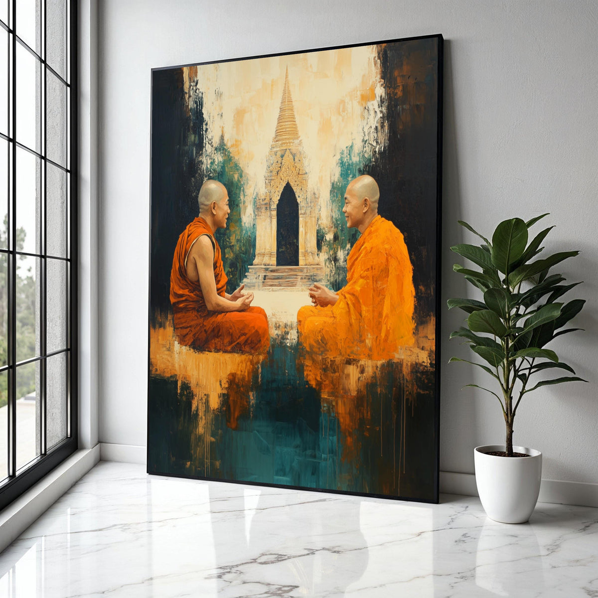 Two Buddhist Monks Meditation Canvas, Asian Temple Wall Art, Spiritual Home Decor, Orange Robes Artwork, Gift Art, Home Decor, Print