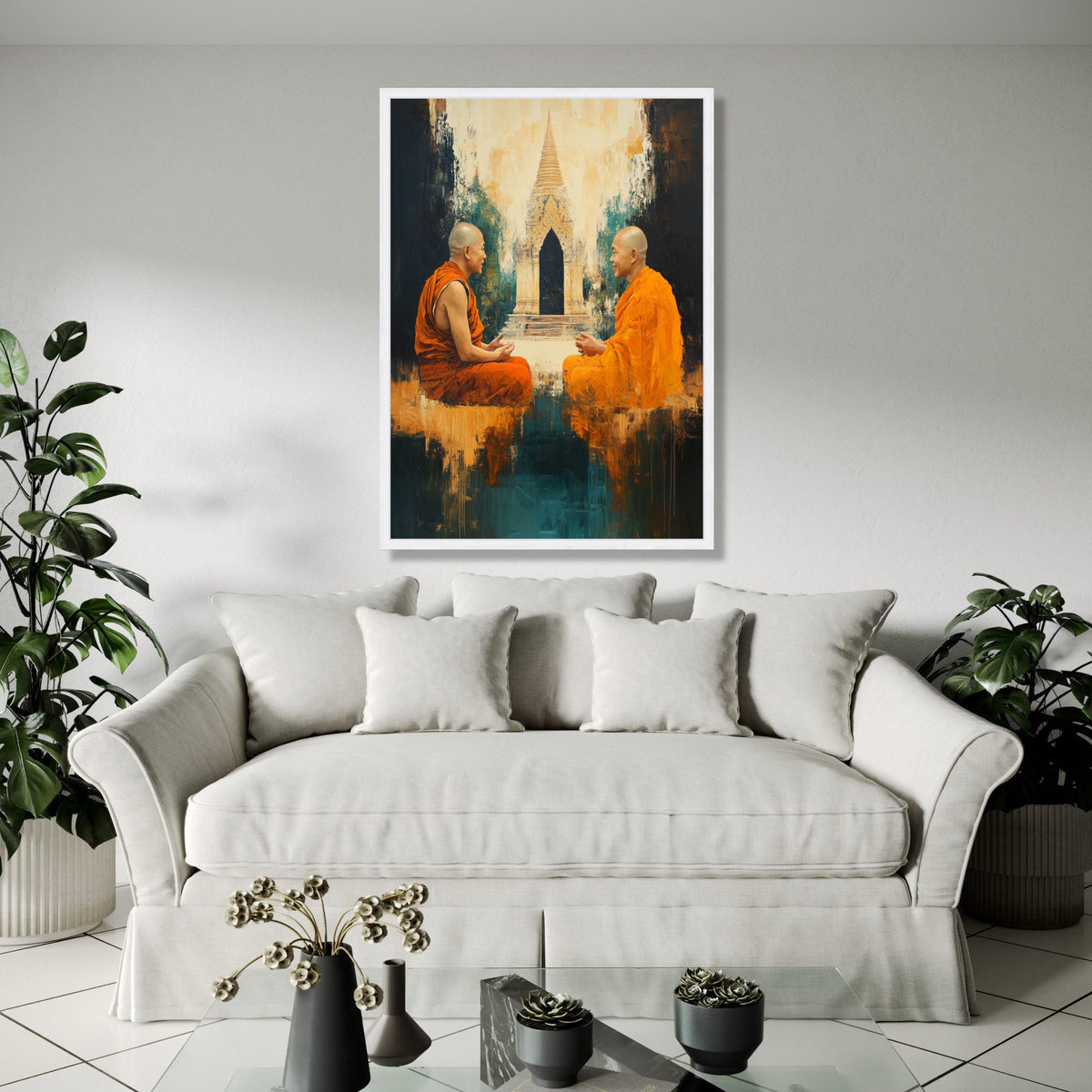 Two Buddhist Monks Meditation Canvas, Asian Temple Wall Art, Spiritual Home Decor, Orange Robes Artwork, Gift Art, Home Decor, Print