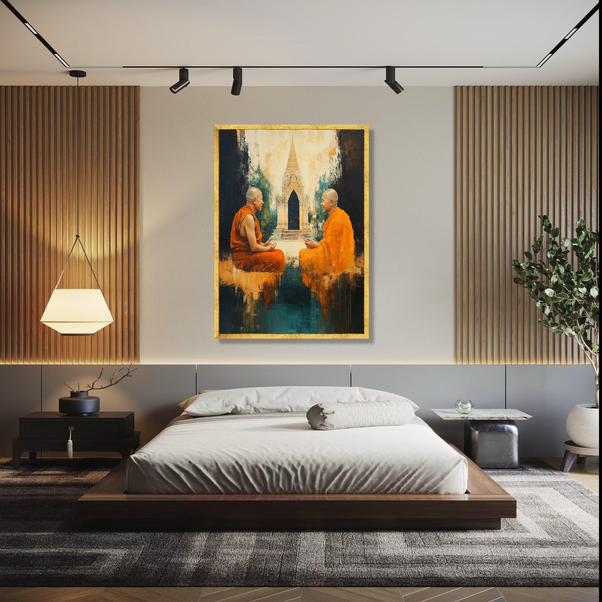 Two Buddhist Monks Meditation Canvas, Asian Temple Wall Art, Spiritual Home Decor, Orange Robes Artwork, Gift Art, Home Decor, Print