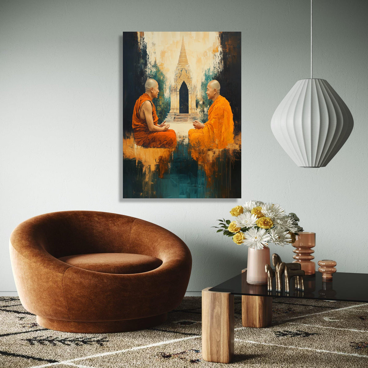 Two Buddhist Monks Meditation Canvas, Asian Temple Wall Art, Spiritual Home Decor, Orange Robes Artwork, Gift Art, Home Decor, Print