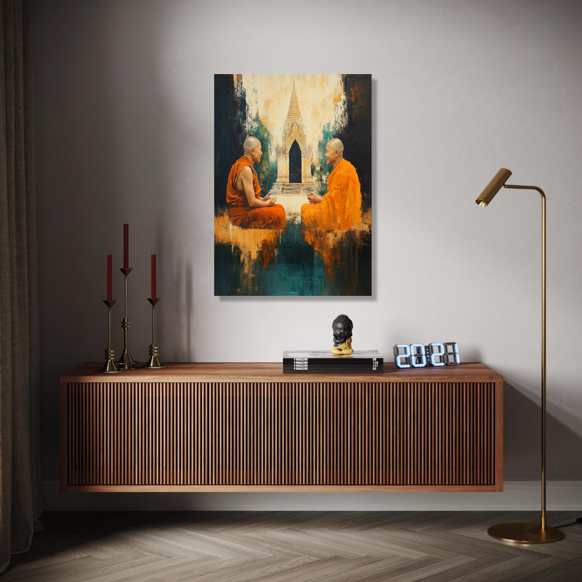 Two Buddhist Monks Meditation Canvas, Asian Temple Wall Art, Spiritual Home Decor, Orange Robes Artwork, Gift Art, Home Decor, Print