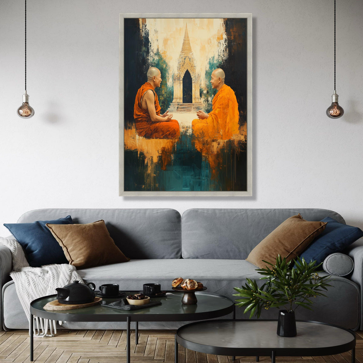 Two Buddhist Monks Meditation Canvas, Asian Temple Wall Art, Spiritual Home Decor, Orange Robes Artwork, Gift Art, Home Decor, Print